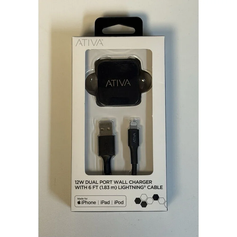 ATIVA ~ 12W Dual Port Wall Charger W/ 6FT Fast Charging Cable Black ~ NEW SEALED